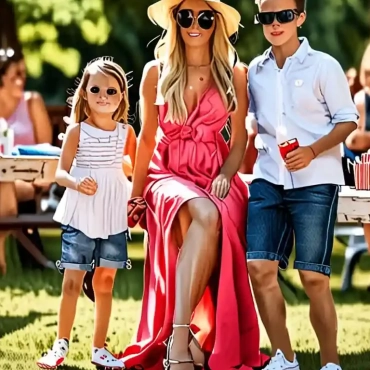 Paris Hilton shows off striking brunette look while enjoying Michigan cherry festival with her two kids