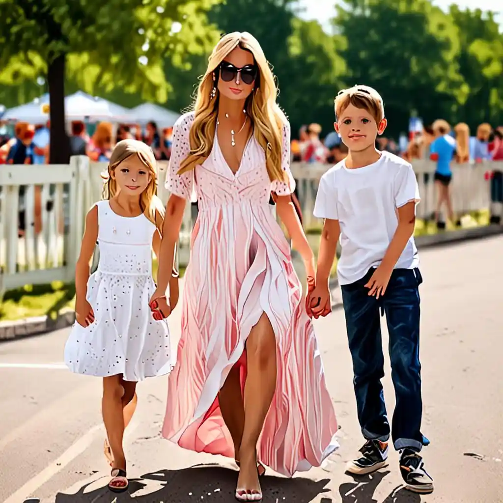 Paris Hilton shows off striking brunette look while enjoying Michigan cherry festival with her two kids